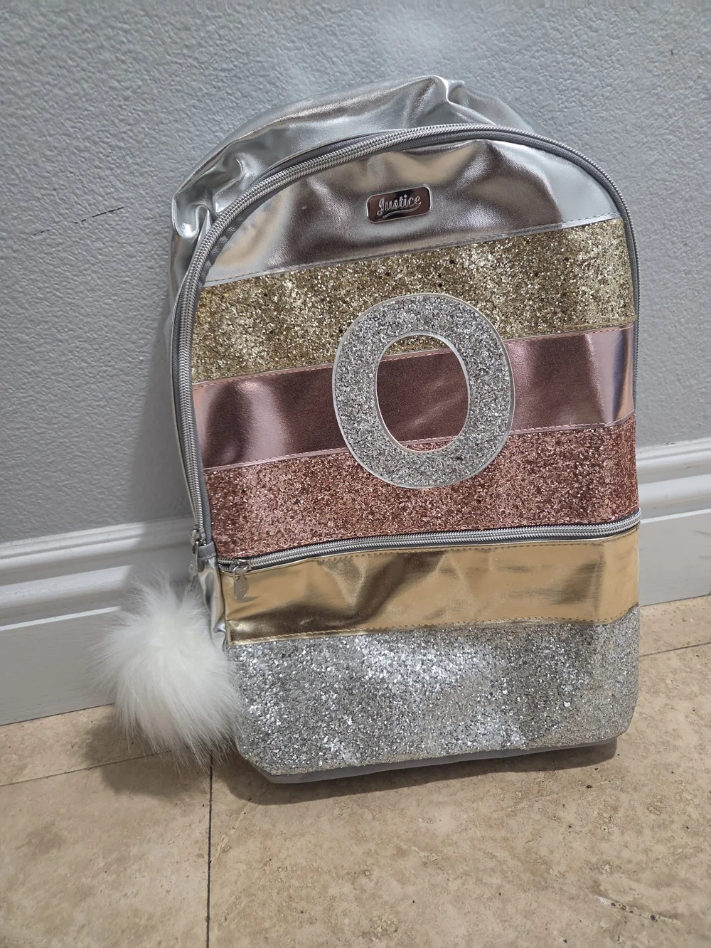 Justice Metallic Glitter Stripe Backpack - Silver, Gold, Rose Gold
